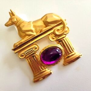 Vintage Egyptian Anubis w/ amethyst cabochon  signed JJ Brushed Gold Brooch Dog